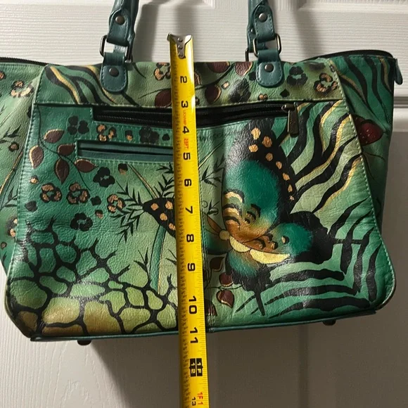 Anuschka Hand-Painted Butterfly Design Green Leather Tote - Picture 9 of 16
